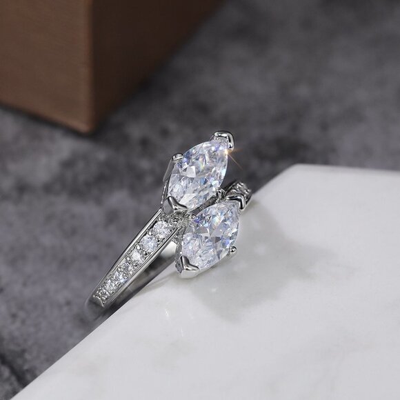 🔥Beautiful Twisted Double Marquis Pure CZ Silver Trendy Fashion Ring, K912 - Picture 8 of 11